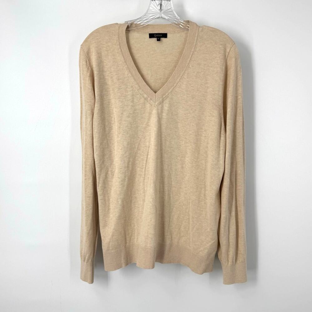 Quince Lightweight Cotton Cashmere V Neck Sweater Womens XL Heather Oatmeal